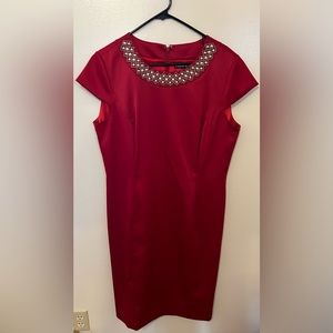 Jeweled neck cap sleeve sheath dress